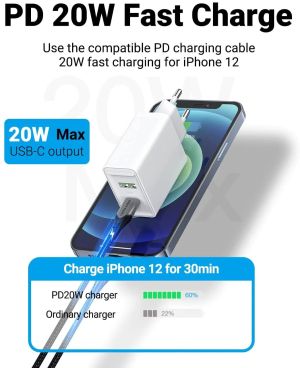 Vention бързо зарядно Fast Charger Wall - QC4.0, PD Type-C + QC3.0 USB A, 20W White - FBBW0