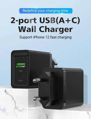 Vention бързо зарядно Fast Charger Wall - QC4.0, PD Type-C + QC3.0 USB A, 20W Black - FBBB0