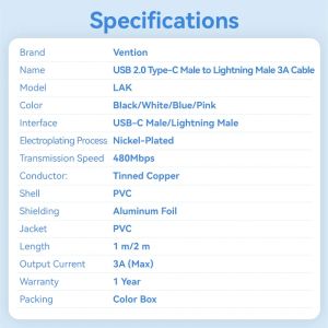 Vention кабел Cable USB 2.0 Type-C to Lighting 1m White - LAKWF