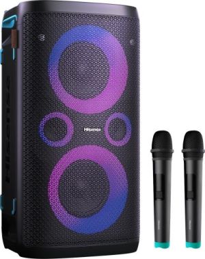 Audio system Hisense Party Rocker One Plus (HP110) Bluetooth Speaker with 300W Power, Built-in Woofer, Karaoke Mode, Built-in Wireless Charging Pad, AUX Input and Output, USB, 15 Hour Long-Lasting Battery 4 x 2500Ah, 2x mics included