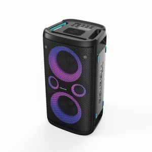 Sistem audio Hisense Party Rocker One Plus (HP110) Difuzor Bluetooth cu putere de 300 W, Woofer încorporat, Mod Karaoke, Pad de încărcare fără fir încorporat, Intrare și ieșire AUX, USB, Baterie de 15 ore 4 x 2500 Ah, 2 microfoane inclus