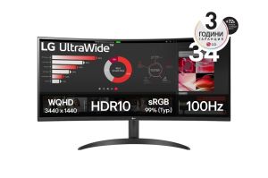 Монитор LG 34WR50QK-B, 34" UltraWide Curved, AG, VA, 5ms, 1ms MBR, 3000:1, 300 cd/m2, 21:9, WQHD 3440x1440, HDR 10, sRGB 99%, FreeSync, 100 Hz, HDMI, DisplayPort, Tilt, Reader Mode, PBP, Headphone Out, Black