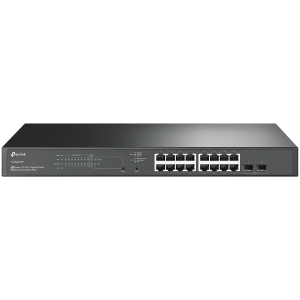 TP-Link SG2218P Omada 18-Port Gigabit Smart Switch with 16-Port PoE+, 16× Gigabit 802.3af/at PoE+ ports and 2× Gigabit SFP Slots, 150 W total PoE budget, Centralized cloud management via the web or the Omada app, Static Routing, VLAN, ACL, QoS, IGM