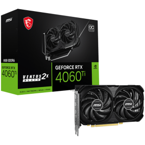 MSI Video Card Nvidia GeForce RTX 4060 Ti 8G VENTUS 2X BLACK E1 OC, 8GB GDDR6, 128bit, Boost: 2565 MHz, 4352 CUDA Cores, PCIe 4.0, 3x DP 1.4a, HDMI 2.1a, RAY TRACING, Dual Fan, 1x 8pin, 550W Recommended PSU, 3Y