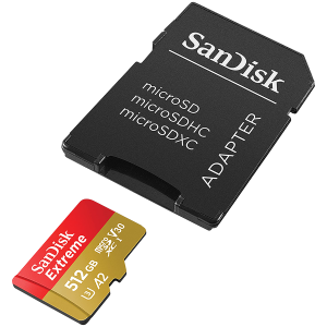 SanDisk Extreme microSDXC 512 GB + Adaptor SD + 1 an RescuePRO Deluxe până la 190 MB/s & 130 MB/s Viteze de citire/scriere A2 C10 V30 UHS-I U3, EAN: 619659189648