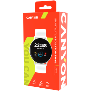 CANYON Lollypop SW-63, ceas inteligent, ecran tactil complet IPS de 1,3 inchi, ceas rotund, impermeabil IP68, mod multi-sport, BT5.0, compatibilitate cu iOS și Android, alb argintiu, gazdă: 25,2*42,5*10,7mm, curea : 20*250mm, 45g