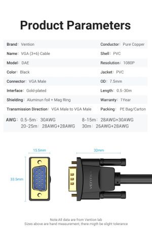 Cablu cablu monitor Vention VGA HD15 M / M 1,0 m placat cu aur, 2 ferite - DAEBF