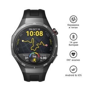 Часовник Huawei Watch GT5 Pro Vili-B29F, 1.43", Amoled, 466x466, PPI 326, BT5.2, 524mAh, HUAWEI TruSense System, ECG analysis, Battery life up to 14 days, Compatible with iOS and Android devices, Black Fluoroelastomer + Huawei Scale 3, Dobby-B19