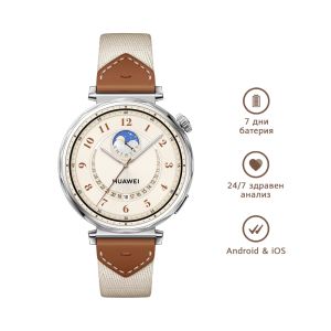 Часовник Huawei Watch GT5 Jana-B19W, 1.32", Amoled 466x466 PPI 352, , BT5.2 BLE/BR/EDR, 5ATM, 524mAh, Screenshot sharing, Battery life up to 7 days, Compatible with iOS and Android devices, Brown Woven + Huawei Scale 3, Dobby-B19