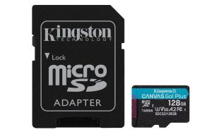 Card de memorie Kingston Canvas Go! Plus microSDXC 128GB, UHS-I, Clasa 10, U3, V30, A2, Adaptor