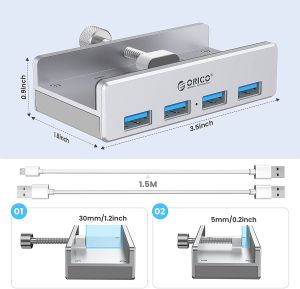 Orico хъб USB 3.0 HUB Clip Type 4 port - aux Micro-USB power input, Aluminum - MH4PU-P-SV