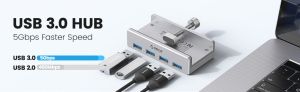 Orico хъб USB 3.0 HUB Clip Type 4 port - aux Micro-USB power input, Aluminum - MH4PU-P-SV