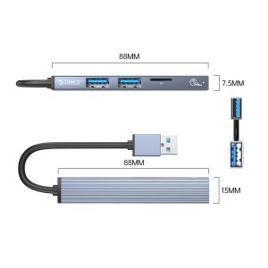 Orico USB3.0/2.0 HUB 3 port + card reader, Aluminum - AH-A12F-GY