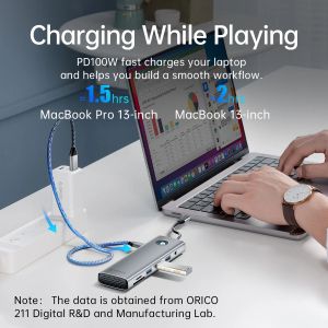 Orico докинг станция Type-C Docking Station Power Distribution 100W - HDMI, Type-C x 1, USB3.0 x 3, LAN 1000Mbps Gigabit, SD/TF, VGA, Audio - PW11-10P-GY