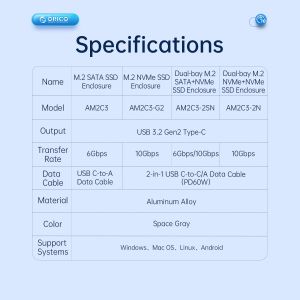 Orico външна кутия за диск Storage - Case - M.2 NVMe M-key 10 Gbps, Aluminium - AM2C3-G2-GY