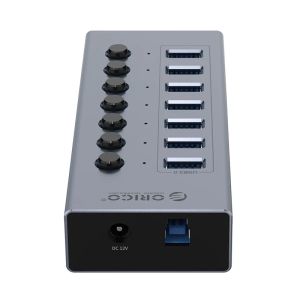 Orico хъб USB3.0 HUB 7 port with Power Adapter, On/Off buttons, Aluminium - BT2U3-7AB-EU-GY