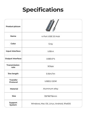 Orico хъб HUB USB3.0 4 port, Aluminium, Grey - PDD4U-U3-015-GY